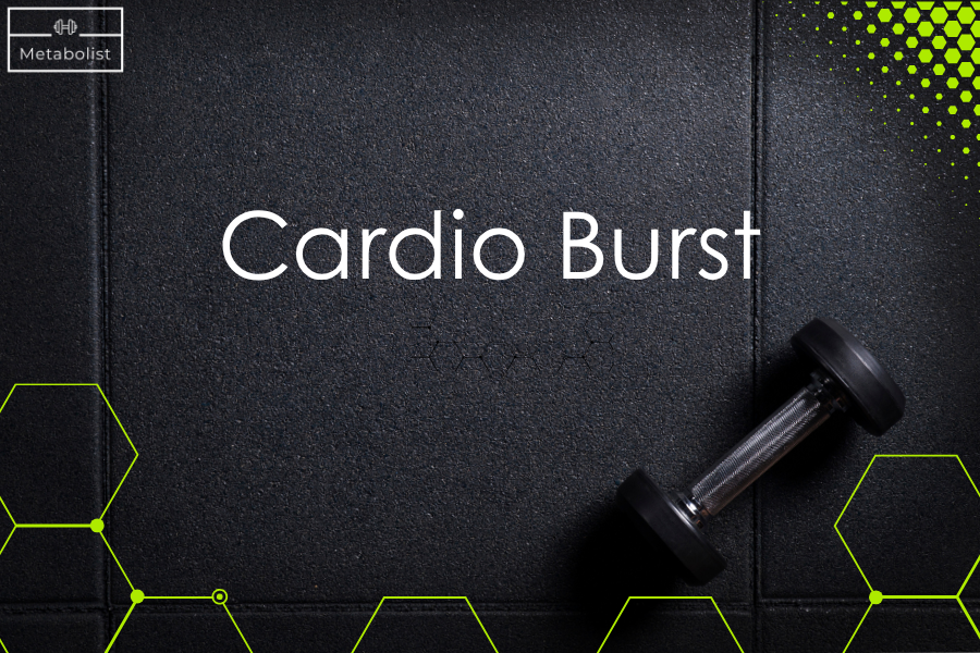 Dumbbell on a dark surface with 'Cardio Burst' text and Metabolist logo.