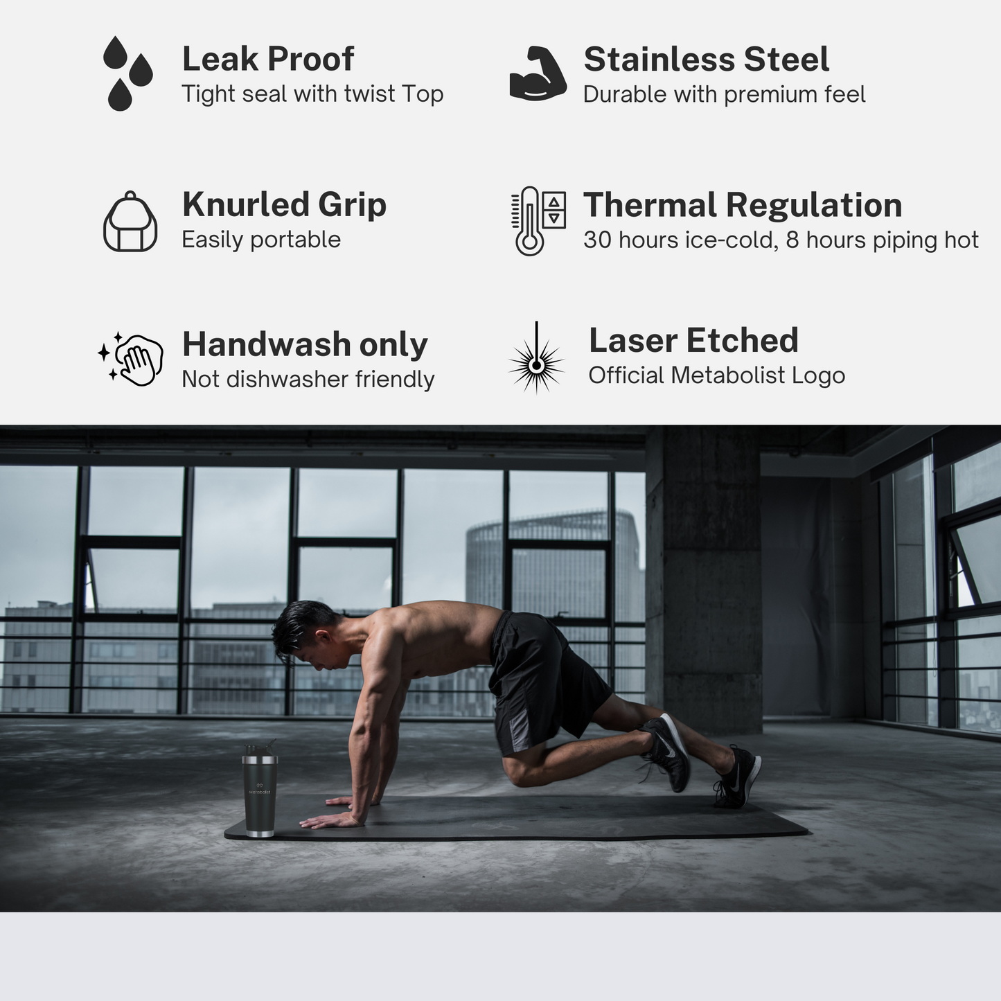 Sections for each main feature of the Metabolist_Premium_Stainless_Steel_Precision_Shaker_Black_Bottle_Product_Card_1