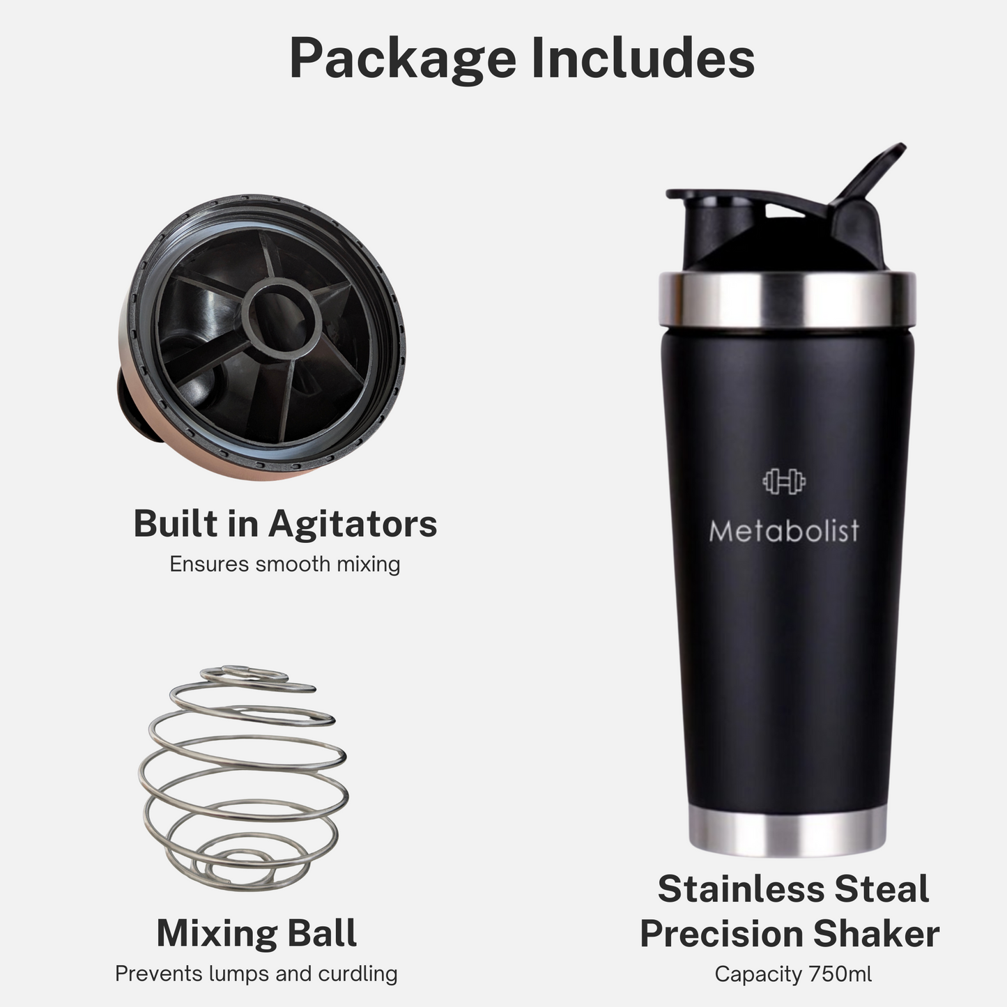 Black shaker bottle with built-in agitators and mixing ball, labeled 'Metabolist'.
