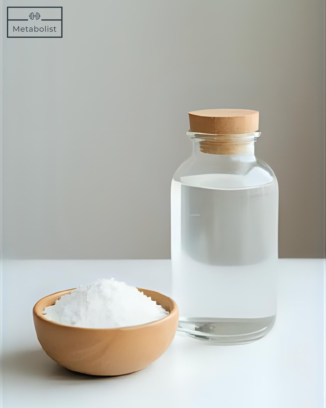 Bowl of salt and glass bottle with wooden cap on a light background