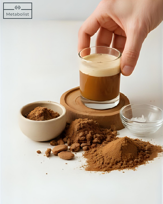 Hand holding a glass of layered coffee drink with coffee grounds and beans on a white background
