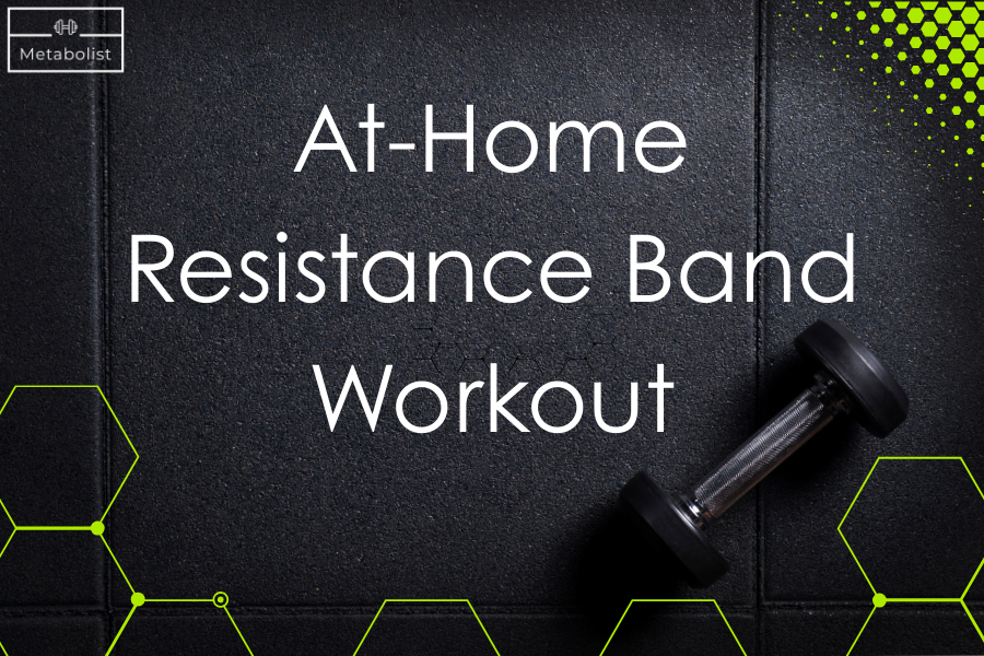Resistance band and dumbbell on a dark surface with 'At-Home Resistance Band Workout' text by Metabolist