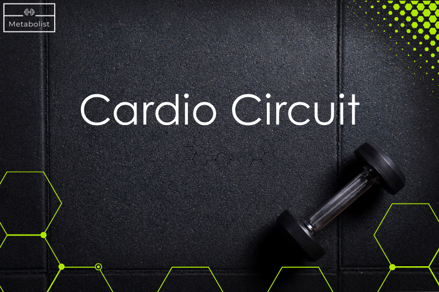 Black mat with 'Cardio Circuit' text and a dumbbell on a dark background Metabolist logo - workout
