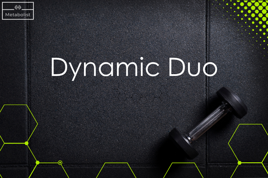 Dumbbell on a dark surface with 'Dynamic Duo' text and Metabolist logo.