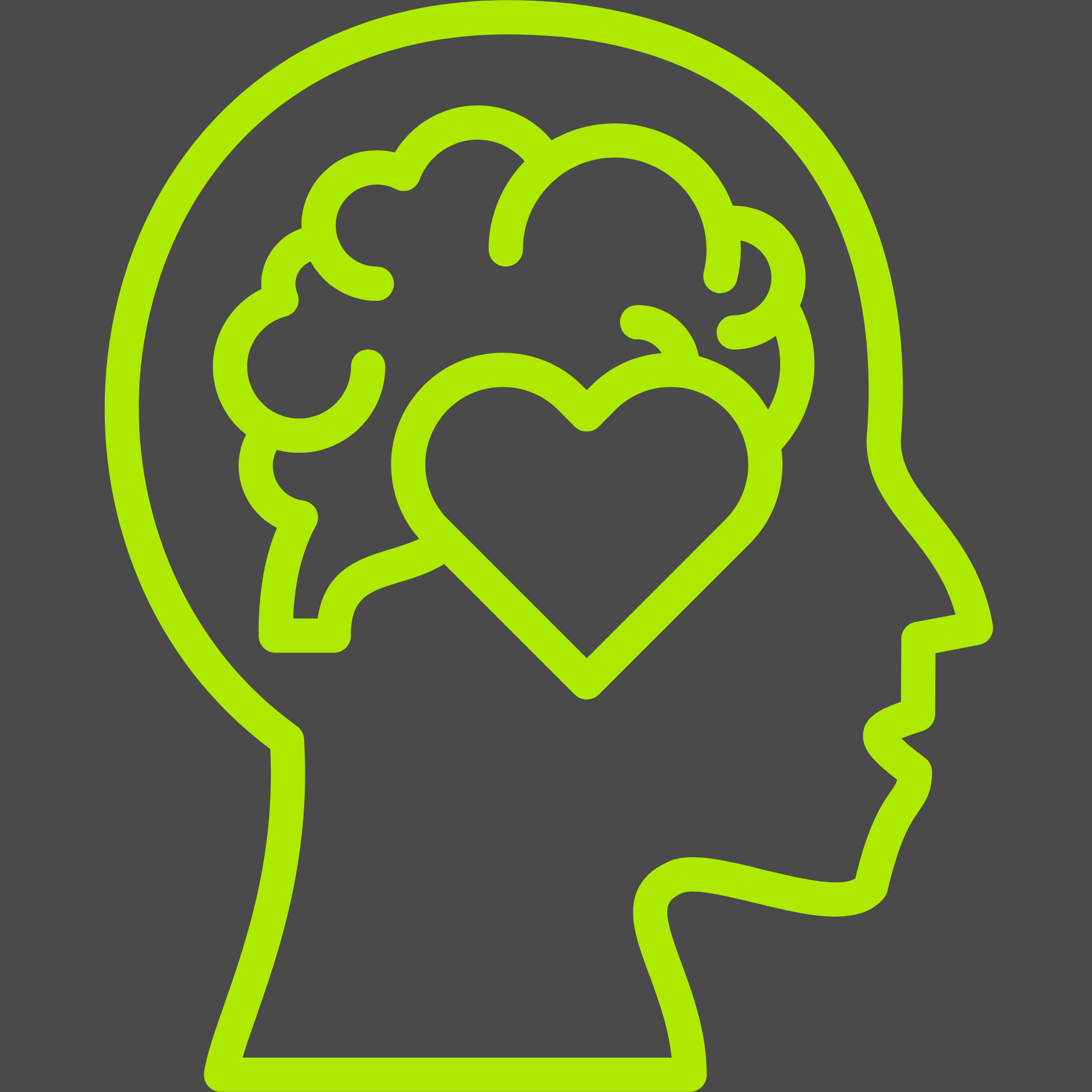 Green outline of a head with a heart and brain on a dark gray background