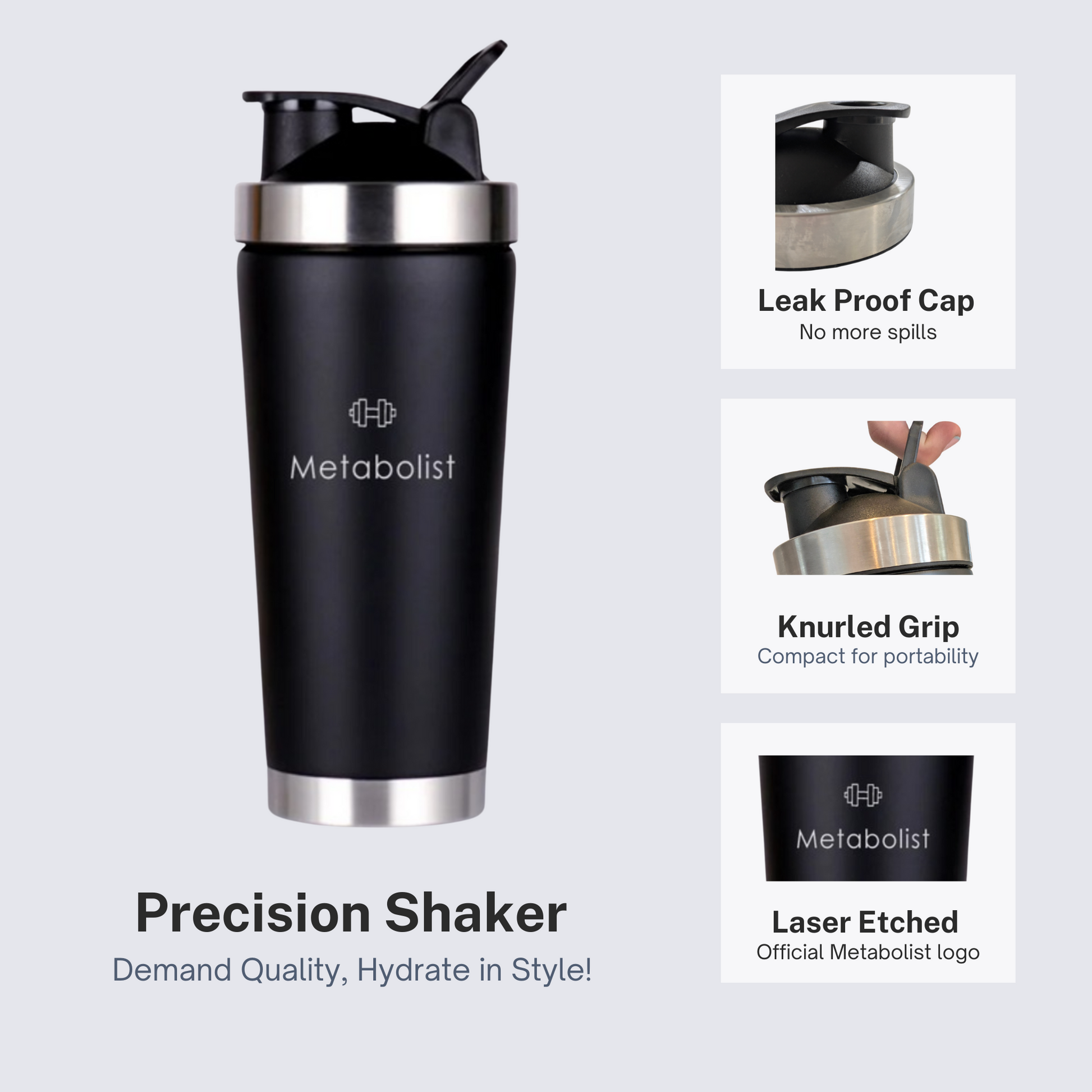 Black precision shaker with features highlighted on a light gray background