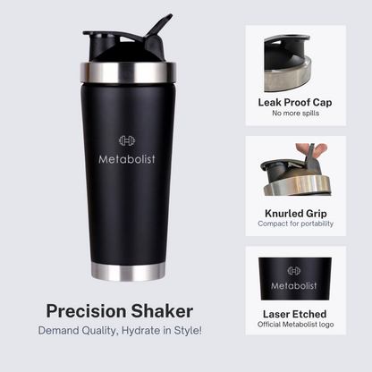 Black precision shaker with features highlighted on a light gray background