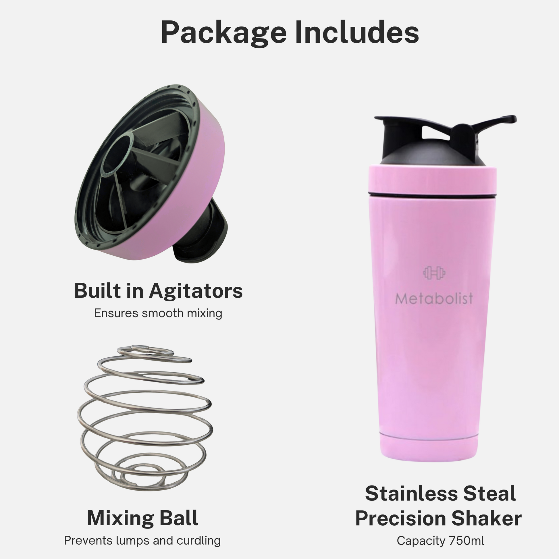 Pink shaker bottle with built-in agitators, mixing ball, and stainless steel precision shaker on a white background.
