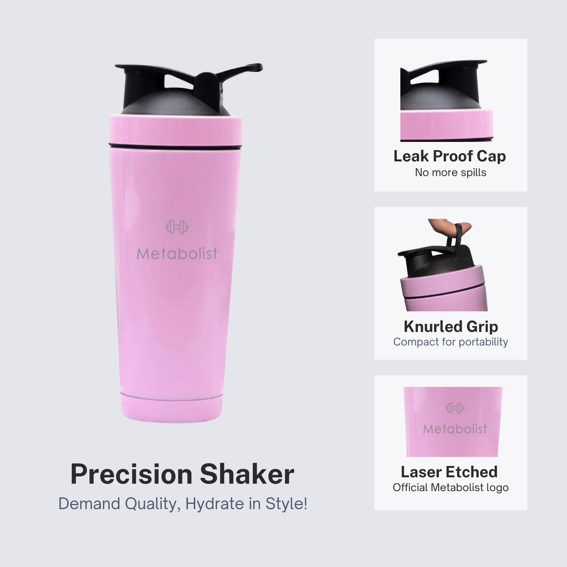 Pink precision shaker with features highlighted on a light gray background