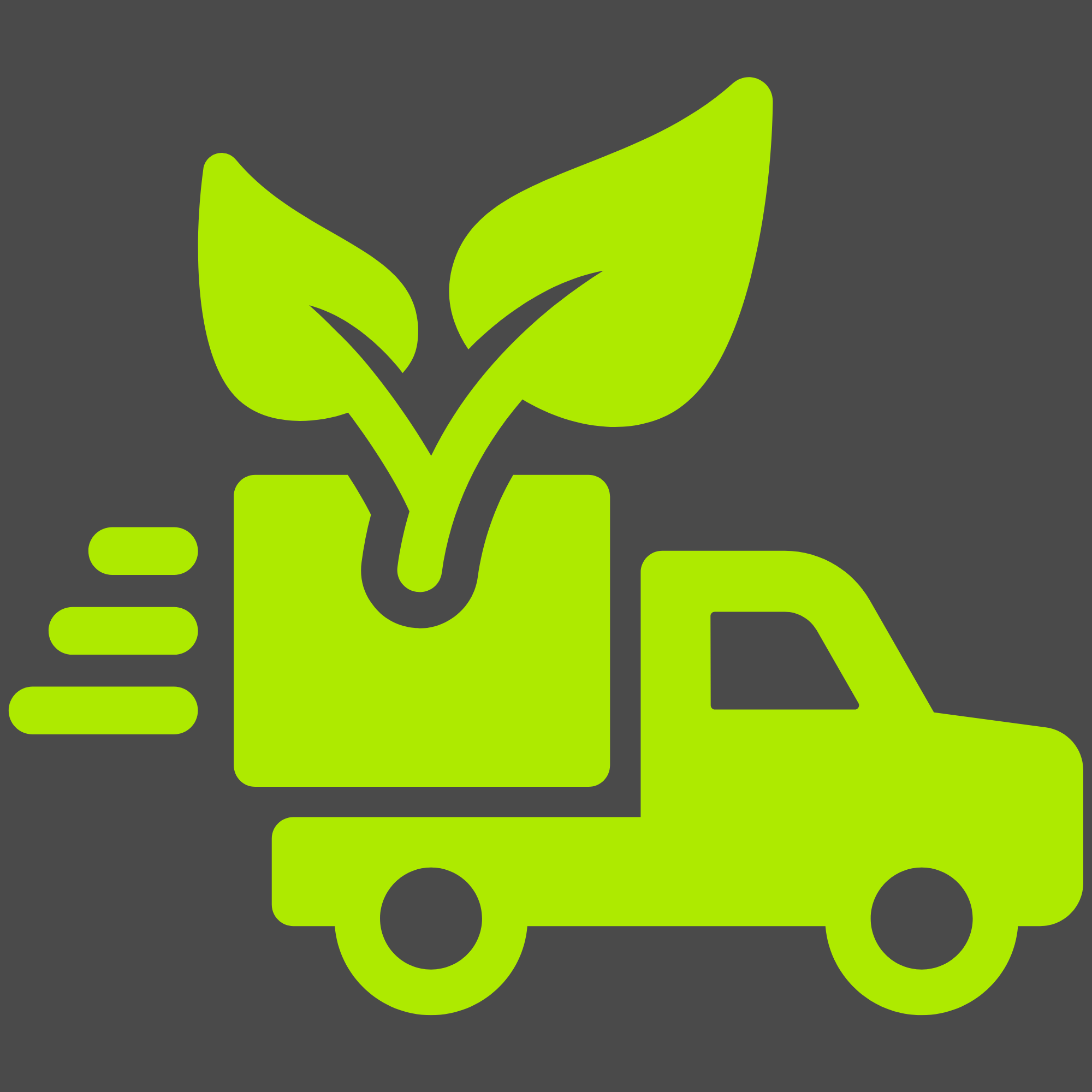 Green icon of a truck with a plant growing out of it on a dark background