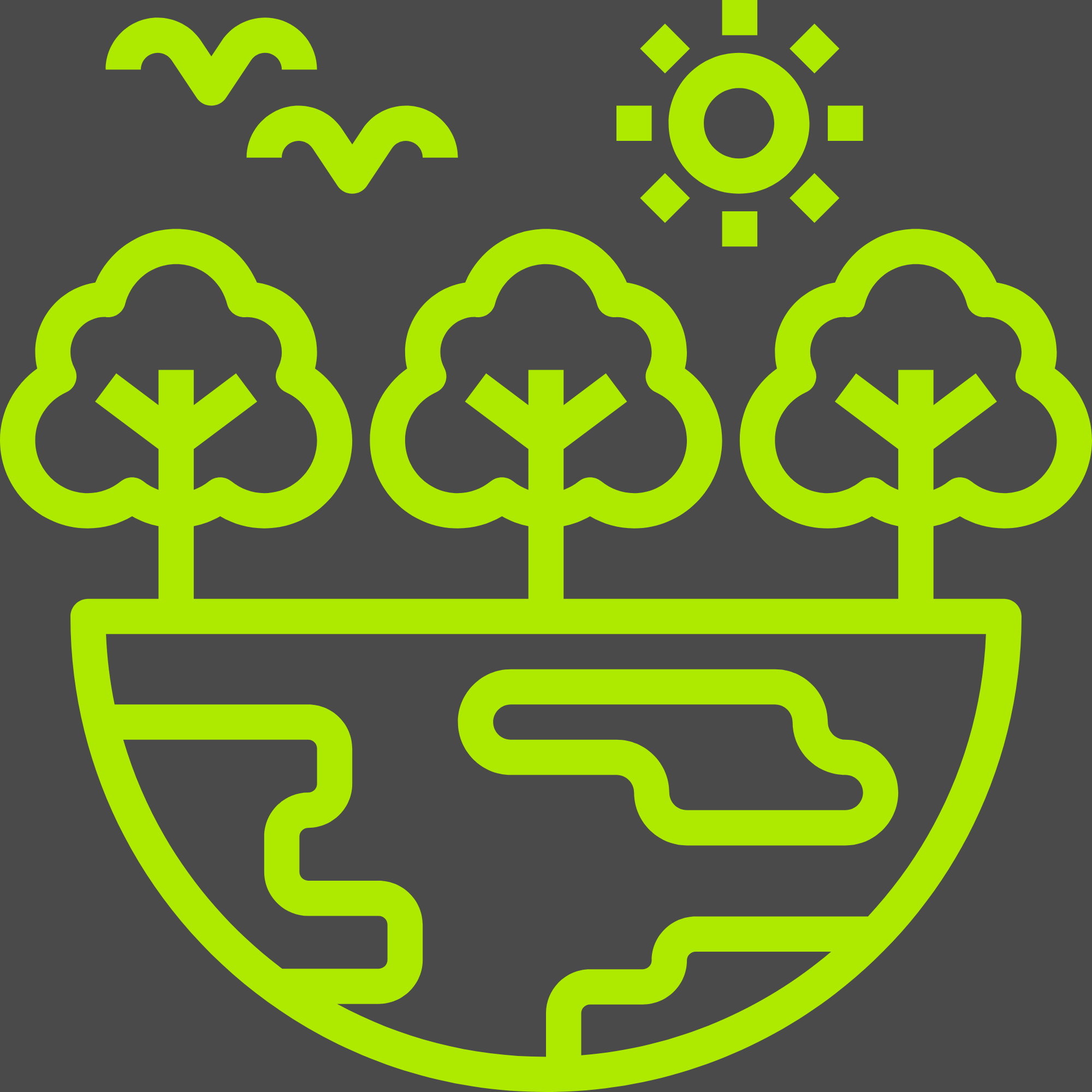 Green icon of trees, sun, and landscape on a dark background