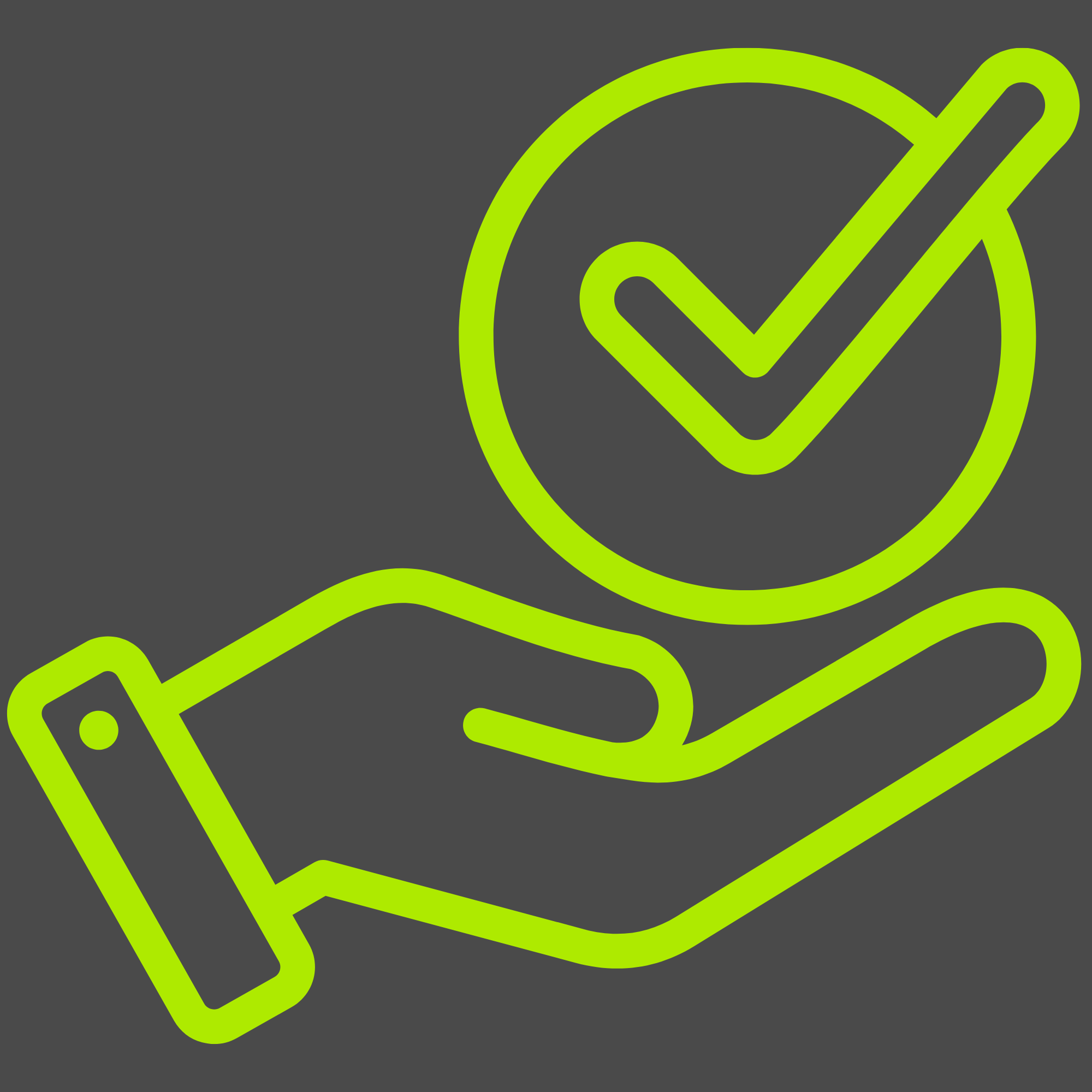 Green outline of a hand holding a check mark on a black background