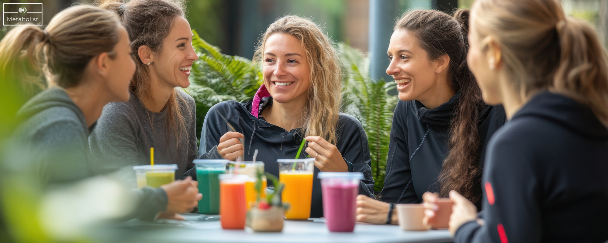 Group of women sitting outdoors, enjoying Metabolist drinks together.