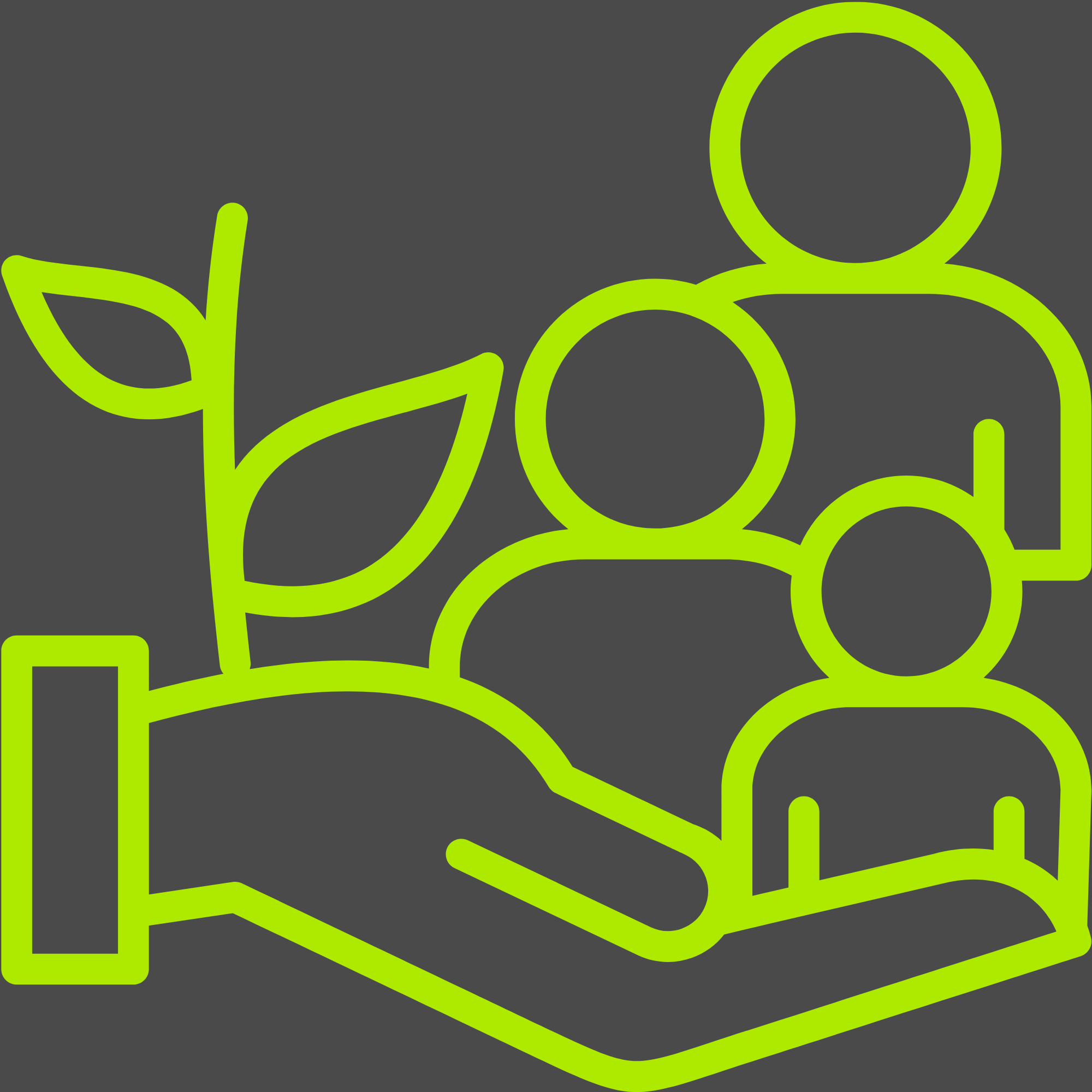 Green icon of a hand holding two people with a plant, on a dark background